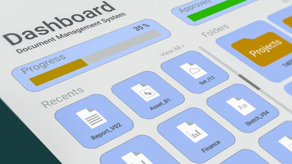 dashboard document management system software, charts and statistics on documents, corporate business, digital documents storage and organizations, paperless office, cloud computing (3d render)