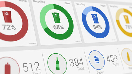 Waste and recycling, waste management tracking, dashboard with graphs and statistics, close-up view of a computer monitor, software template, front view, camera zoom in, fictional data (3d render)