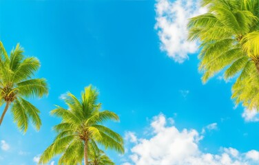 Blue sky and palm trees view from below, vintage style, tropical beach and summer background, travel concept, generative ai