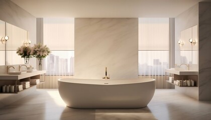 Fototapeta na wymiar Sleek Light Grey Marble Bathroom with LED Lighting and Freestanding Tub. Generative ai