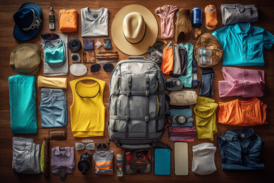 A cinematic-lit, birds-eye view of a vibrant, tech-filled summer packing list, meticulously arranged on the floor. With generative AI technology