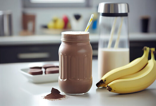 Chocolate protein drink. Healthy banana protein shake drink in a glass with straw.  Generative AI