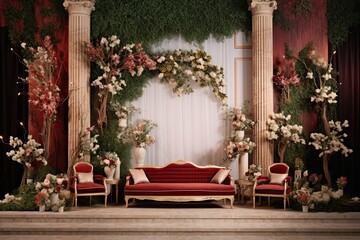 Fototapeta na wymiar Wedding backdrop red and with chinese theme with flower accents main stage AI Generated