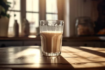 Foto op Plexiglas Coffee and milk drink. Healthy banana protein shake drink in a glass with straw.  Generative AI © Inga
