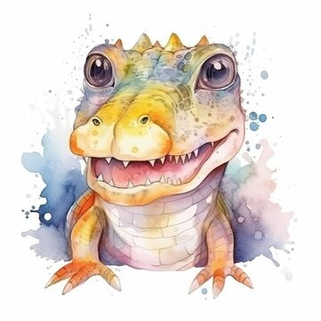 Watercolor cute Crocodile in the swamp illustration With Generative AI technology