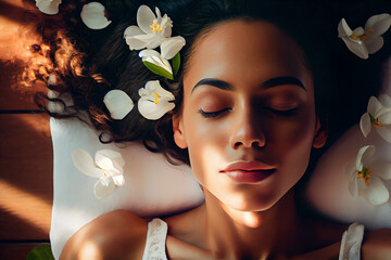 Spa and beauty concept. Portrait of a young woman laying down on massage table. Relax, wellbeing and self care. Generative AI - obrazy, fototapety, plakaty