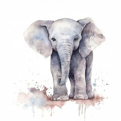 Watercolor full body baby Elephant with white background With Generative AI technology