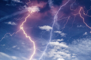 Thunder, lightning and rain during summer storm at sundown