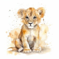 Watercolor full body baby lion with white background With Generative AI technology