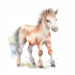Plakat Watercolor full body baby Horse with white background With Generative AI technology