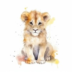 Watercolor full body baby lion with white background With Generative AI technology