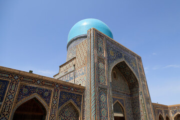 View of the dome of the Tilla Kari mosque in Samarkand, Uzbekistan