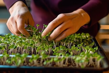 Hands picking Microgreens, Environmentally sustainable farming aeroponics hydroponics Ecology concept, Generative AI