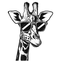 giraffe wearing sunglasses sketch, funny giraffe illustration - obrazy, fototapety, plakaty