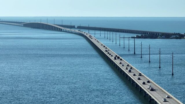 Aerial shot of the Seven Mile Bridge in Florida which connects several of the Florida Keys on the way to Key West