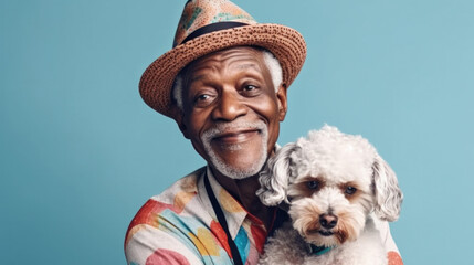 A joyful afro senior man dressed in colorful attire showers affection on his beloved dog in a studio scene. Generative AI