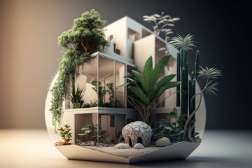 An illustration of a futuristic living concept, alternative housing idea, in harmony with nature, created with Generative AI technology