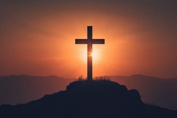 Illuminated Cross Symbolizing Ascension Day at Sunrise - Generative AI