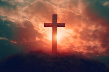 Illuminated Cross Symbolizing Ascension Day at Sunrise - Generative AI