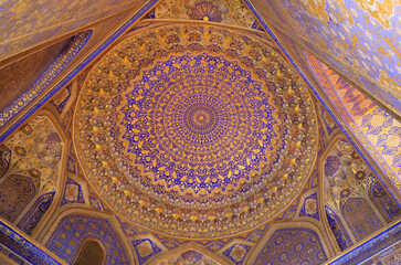 View of the interior of the Tilla Kari mosque in Samarkand, Uzbekistan