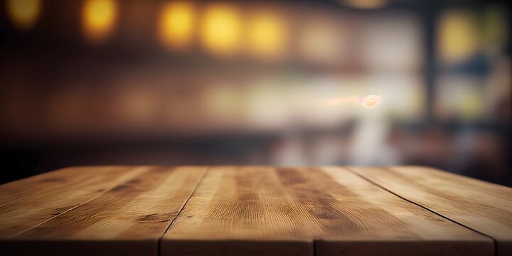 Wooden tabletop with blurred background for display or montage. Free space wood table top. AI generated image