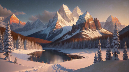 Scenic View Of Snow Capped Mountains During Night, painting, Generative AI illustrations