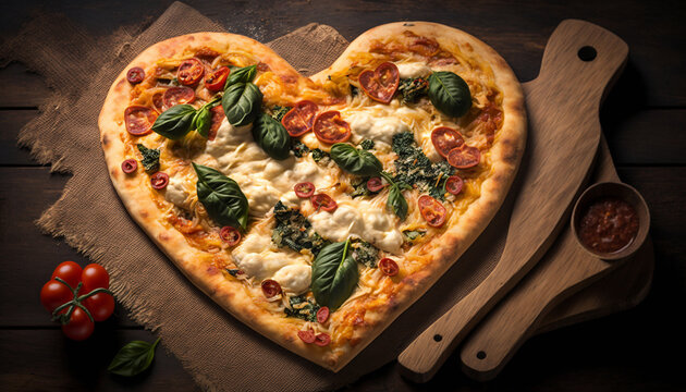 Heart shaped pizza in the kitchen on the table real photo appetizing. Generative AI,