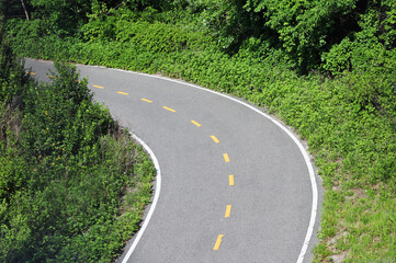 curved road with green trees and plants (smooth pavement bike lane with broken yellow centerline) turn curve paved path