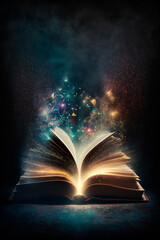 Magic book with open antique pages and abstract bokeh lights glowing on dark background. Generative AI,