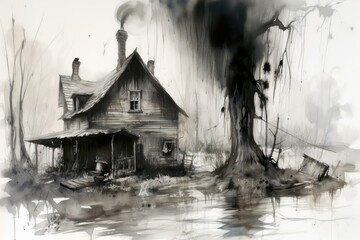 Scary horror mystical house in black and white colors