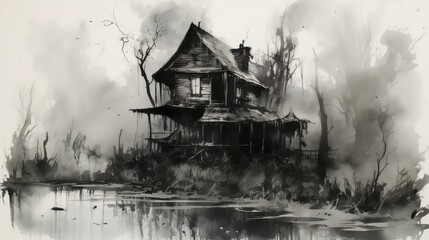 Scary horror mystical house in black and white colors