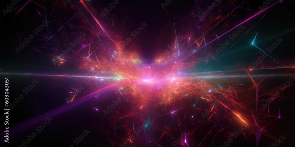 Poster cosmic background with colorful laser lights and broken fractal elements. generative ai aig21.