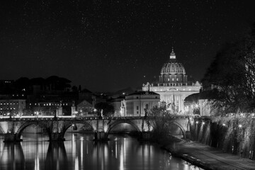 Black and white Romantic Saint Peter's Basilica in Vatican City and Ponte Vittorio Emanuele II bridge at night with moon. Rome Italy Europe - obrazy, fototapety, plakaty