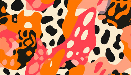 Hand drawn abstract pattern with leopard skin and various organic shapes. Collage contemporary print. Fashionable template for design