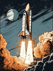 Comic style drawing of a rocket or spaceship taking off into the air towards its destination. Releasing a lot of fire and smoke to the environment. Full speed and throttle.