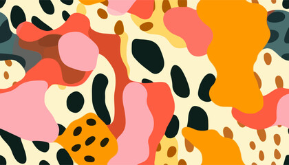 Hand drawn abstract pattern with leopard skin and various organic shapes. Collage contemporary print. Fashionable template for design