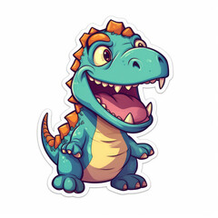 Fun sticker baby dinosaur isolated on white background. Dino green smiling, funny animal sticker cut-out. Generative AI flat illustration imitation.