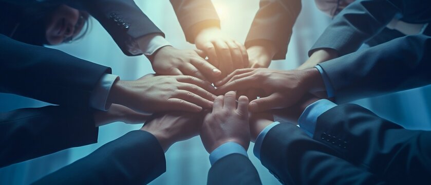 Business People Holding Hands in Stack, Creating Teamwork Concept. Generative ai