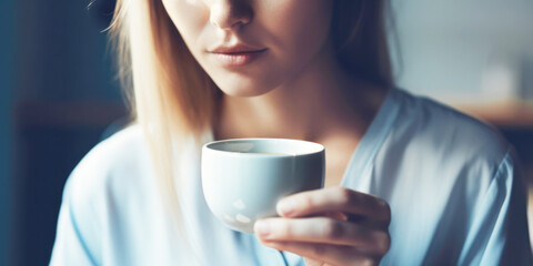 Close up of woman drinking coffee at home