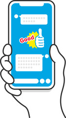 スマートフォンで、メッセンジャーアプリを利用する人のイラスト