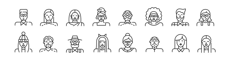 Set of people avatar icons. Pixel perfect, editable stroke line icons set