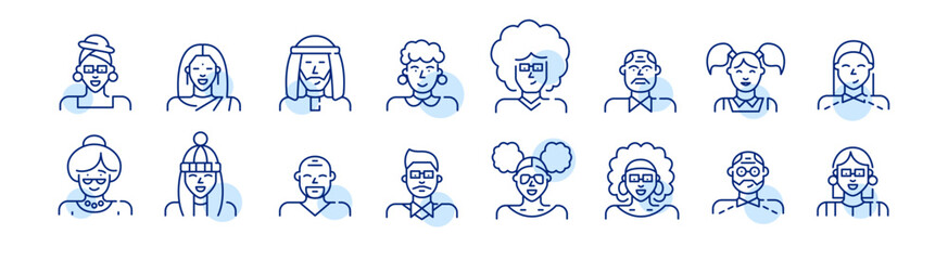 People of different ages, cultures, with different hairstyle and clothes avatars. Pixel perfect, editable stroke icons set