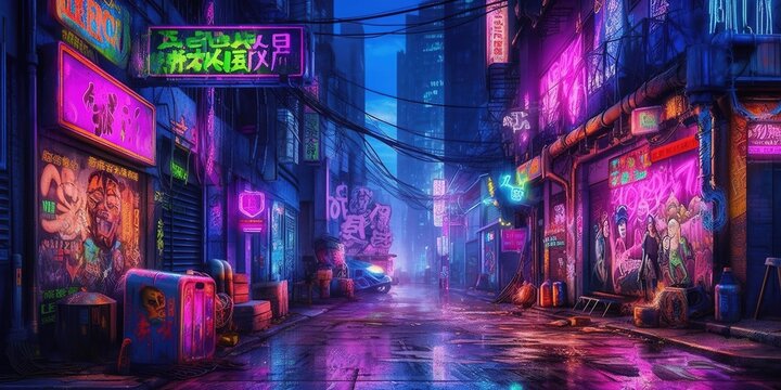 Generative AI, Night scene of big city in cyberpunk style, futuristic nostalgic 80s, 90s. Neon lights vibrant colors, photorealistic horizontal illustration..