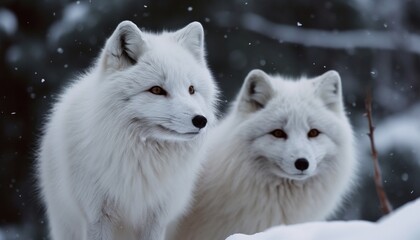 Two cute white foxes in the snow — Generative AI