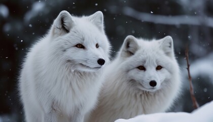Fototapeta premium Two cute white foxes in the snow — Generative AI