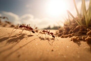 Macro shot of ants on the sand in the afternoon &mdash; Generative AI