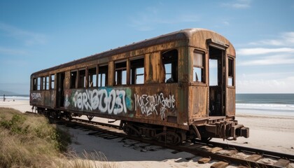 Abandoned train car on the beach — Generative AI