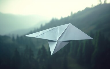 Fototapeta na wymiar Paper airplane high over a valley — Generative AI