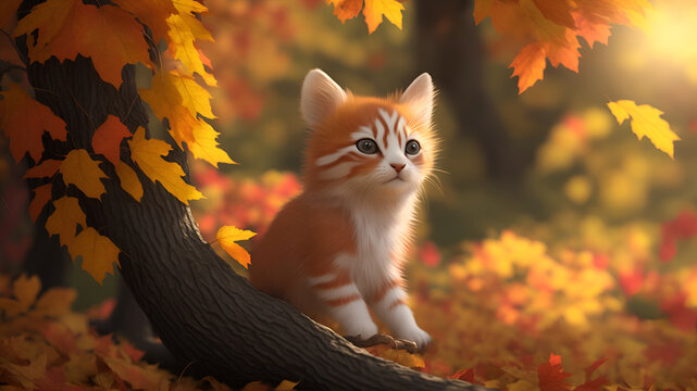 A cute little kitten is sitting in the garden near a tree in the fall, the autumn leaves are falling. Generation  AI