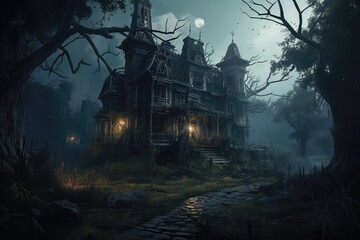 Fototapeta na wymiar Scary old castle in a dark forest